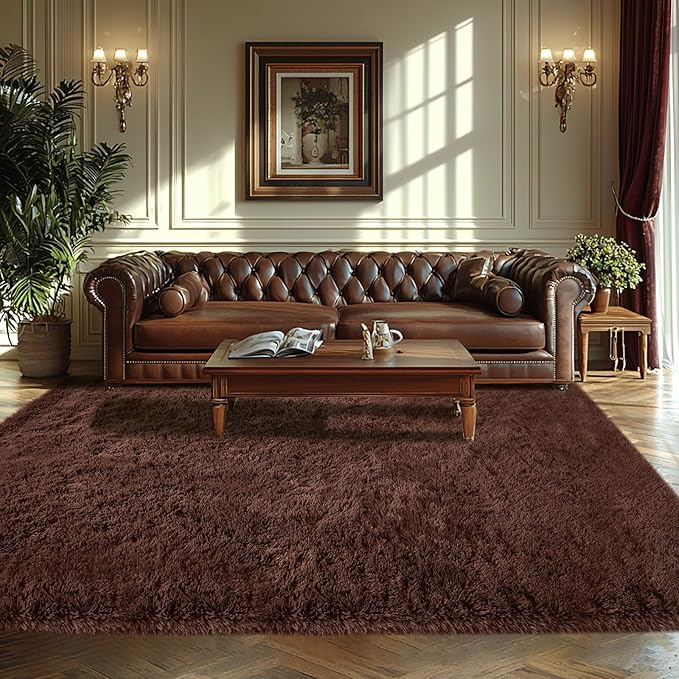 Fluffy Brown Living Room Rug: Ultra Fluffy Non-Slip Floor Carpet for Bedroom Living Room Home Office, Soft Plush Rug Home Decor (Brown 6x9 Feet)