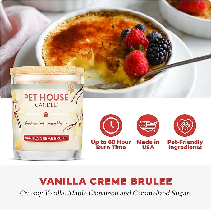 One Fur All Pet House Candle 2 Pack - Plant-Based/Soy - Clean Burning Scented, Long Lasting Pet Odor Candle for Home - Vanilla Sandalwood, Vanilla Creme Brulee