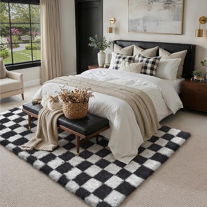 PureCozy Checkered Rug 5x8 for Living Room, Black and White Modern Shag Rugs Super Soft Washable Indoor Office Fuzzy Carpet Non-Slip Fluffy Rugs for Bedroom Home Aesthetic Decor