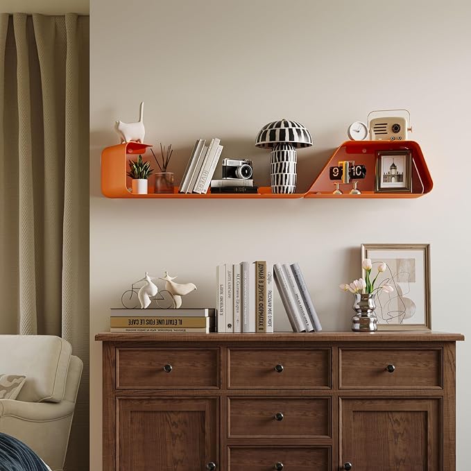 Sttoraboks Floating Wall Shelves Set of 3, Metal Mounted Shelf with Unique Design, Bookshelf for Storage & Display in Bathroom, Bedroom, Kitchen, Living Room, Orange Home Decor