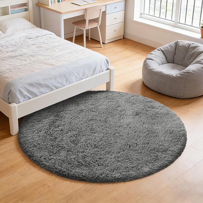 yulidayang Fluffy Round Area Rugs for Bedroom,4'X4'Shag Circle Area Rugs for Living Room,Non Slip Fuzzy Plush Rug for Kids Room Boys Girls Room and Dorm,Deep Grey