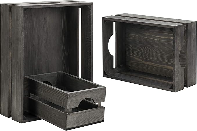MyGift Rustic Gray Solid Wood Storage Organizer Box with Handle, 3 Piece Various Size Decorative Nesting Crate
