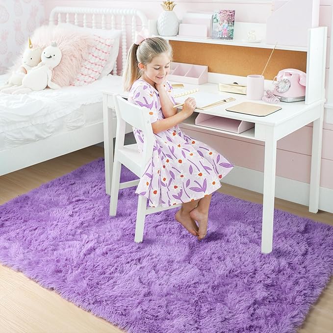Purple Rugs for Bedroom Girls Room Decor Aesthetic, Cute Fluffy Shag Lavender Area Rug 4x6 for Living Room Dorm Classroom Nursery, Furry Plush Fuzzy Soft Throw Lilac Carpet for Kids, Baby, Teen