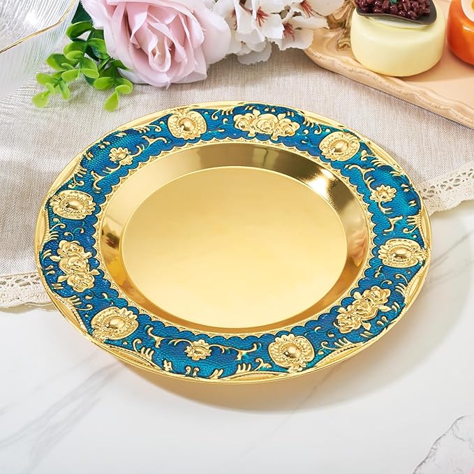 1pcs Golden Serving Tray for Party 4.8" Vintage Round Decorative Plate Tray Jewelry Makeup Organizer Dishes Bathroom Vanity Tray for Gift Wedding Coffee Table Dessert Christmas 20 cm (Blue)