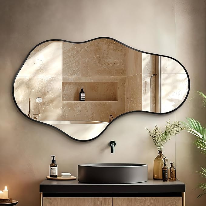 Bathroom Mirrors for Over Sink - Wall Mirrors Decorative 26"x 43" Asymmetrical Abstract Aviation Aluminum Alloy Frame Unique for Bathroom, Bedroom, Living Room, Cloakroom, Entryway Black