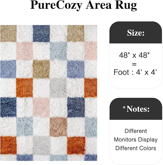 PureCozy Checkered Rug 4x4 for Living Room, Modern Rainbow Shag Rug Super Soft Washable Indoor Fuzzy Carpet Non-Slip Fluffy Rugs for Bedroom Home Aesthetic Decor