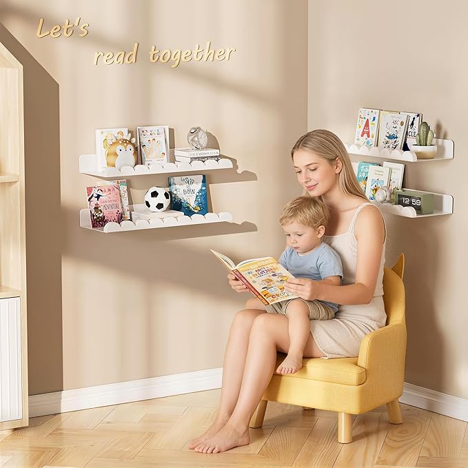 4-Pack Nursery Book Shelves, Scalloped Floating Shelves for Wall Kids, 15.7" Wood Wall Book Shelf for Bedroom Kids, Toddler Room, Baby Room, Nursery Decor,All White