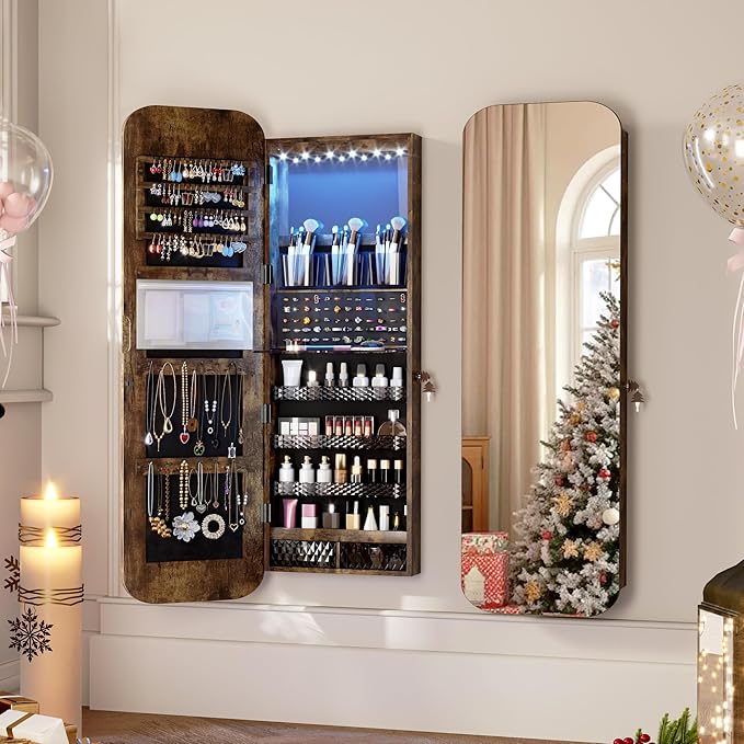 Vlsrka 6 LEDs Mirror Jewelry Cabinet Door Hanging, 47.2" Wall Mounted Jewelry Cabinet, Lockable Full Length Mirror with Storage, Rounded Corner Mirror Jewelry Organizer, 2 Drawers, Rustic Brown