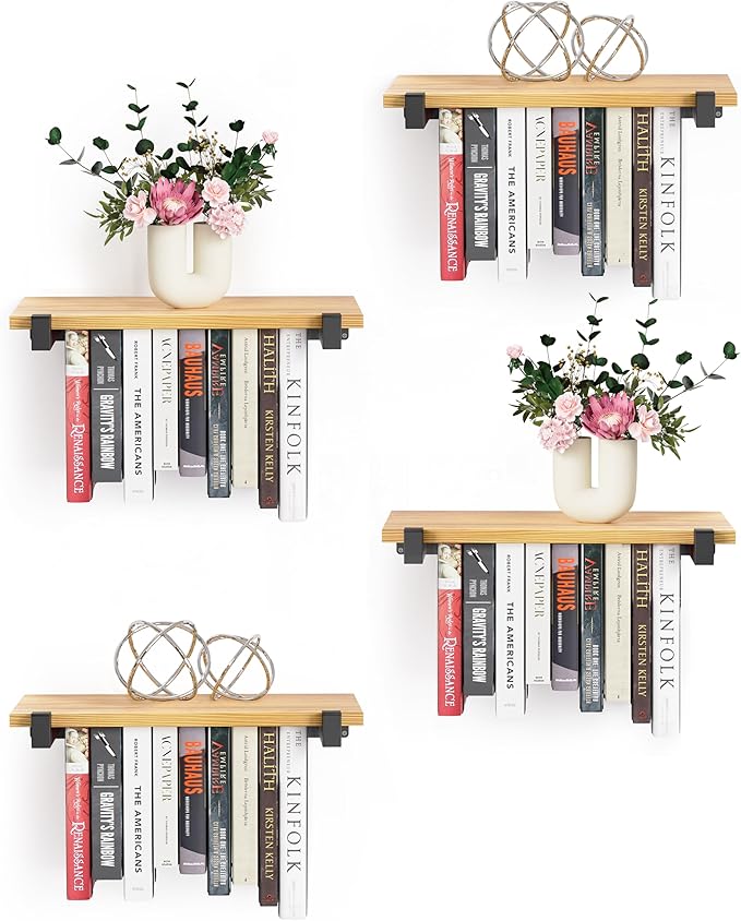 NANATI 4 Set of Floating Bookshelf, Pine Wood Invisible Bookshelf, Hanging Bookshelves for Wall, Unique Space Saving Wall Bookcase (16.5L×8.7W×1.5H)