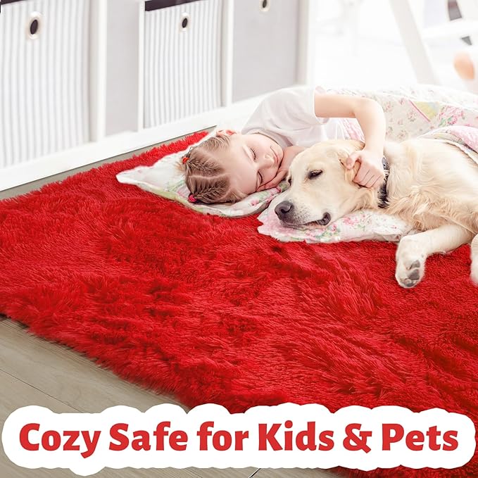 Amdrebio Red Area Rugs for Living Room Bedroom, Christmas Rug 6x9, Large Red Carpet, Plush Fuzzy Furry Rug for Kids Playroom, Fluffy Shaggy Throw Carpets for Dorm, Aesthetic Rugs for Boys Room Decor