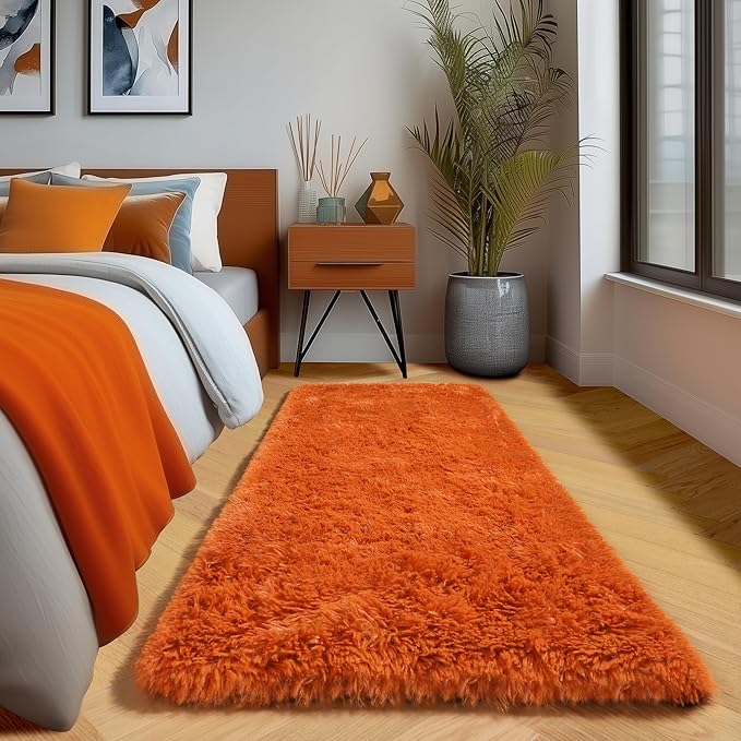Amdrebio Burnt Orange 2x6 Runner Rugs for Bedroom Living Room, Fluffy Fuzzy Shaggy Furry Bedside Area Rug for Kids Room Decor Aesthetic, Cute Plush Shag Dark Orange Carpet for Nursery Dorm Playroom