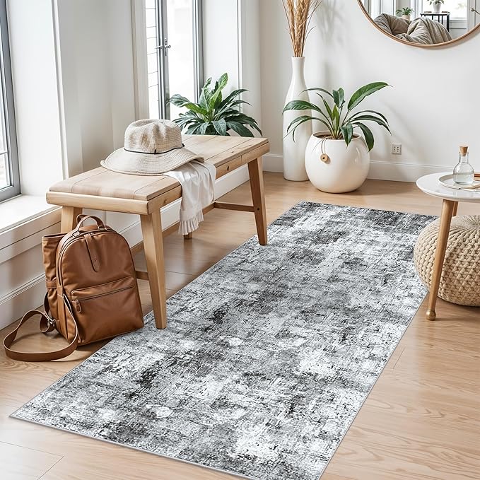 2x5 Non-Slip Washable Runner Rug – Modern Neutral Abstract Small Rug for Hallway, Kitchen, Bathroom, Bedroom, Entryway, Laundry Room – Thin Soft Low-Pile Rubber Backing (Grey)