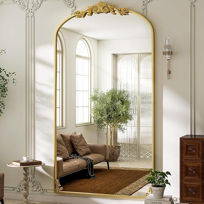 GLSLAND Oversized Vintage Mirror - 72"x 44" Full Length Mirror Large Carved Arched Mirrors with Metal Frame Baroque Full Body for Bathroom/Living Room/Entryway,Gold