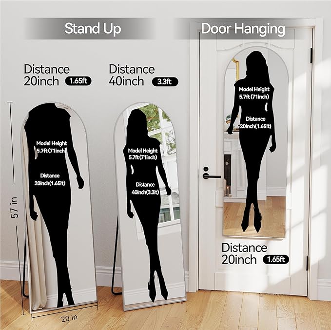 SCWF-GZ 57x20 Door Hanging Full Length Mirror, Floor (Height 5.7ft just Body in1.3ft) or Wall Mounted Metal Frame Arch Dressing Mirrors for Bedroom Bathroom Living Room 57 20 inch Silver