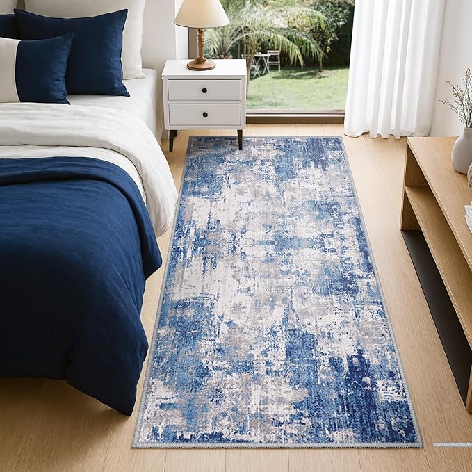 RELEANY Washable Area Rugs 2'x6' Non-Slip Modern Abstract Soft for Living Room Entryway Bedroom Nursery, Print Pattern, Blue Grey Navy Gray