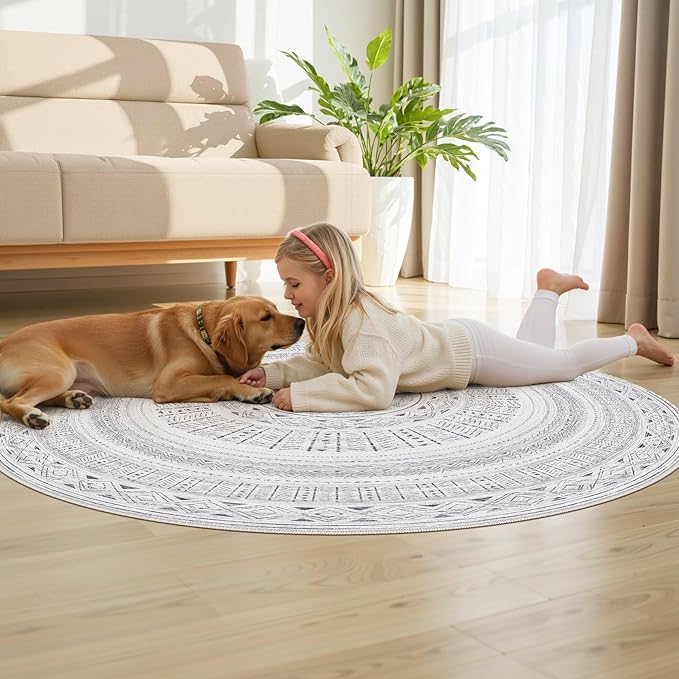 cotiled 5x5 Round Area Rug Living Room: Washable Boho Rugs with Non Slip Backing Large Soft Indoor Stain Resistant Carpet for Bedroom Farmhouse Dining Room Lightweight Home Decor Dark Grey