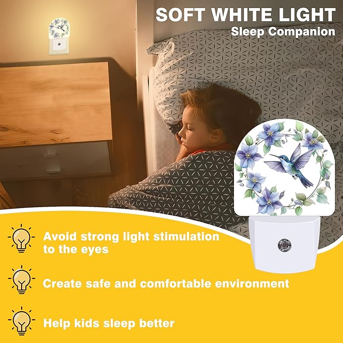 Floral Night Light, Hummingbird Wreath Night Lights Plug into Wall Dusk to Dawn Sensor Round Nightlight for Women Men Energy Efficient Led Lamp 0.5W for Stairway Hallway Bedroom