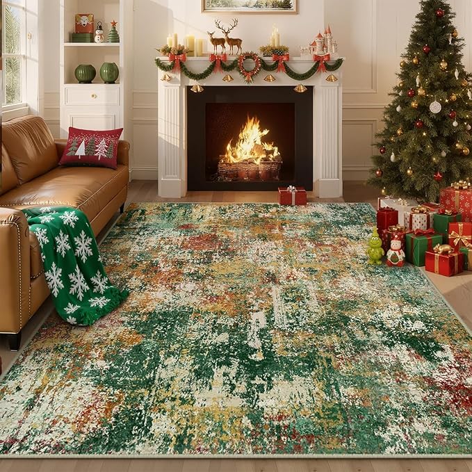 RELEANY Washable Area Rugs 9'x12' Non-Slip Modern Abstract Soft for Living Room Entryway Bedroom Nursery, Print Pattern, Green Orange Rust Red Cream Colorful