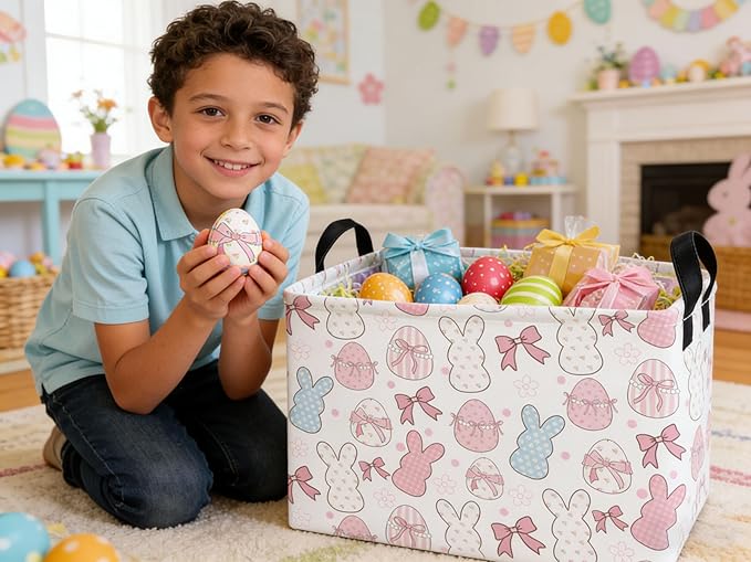 Essme Rectangular Easter Baskets,Kids Storage Box,Pink Easter Basket for Girls with Handles for Room Decor, Book Bins,Shelf Basket.(Bowknot eggs)