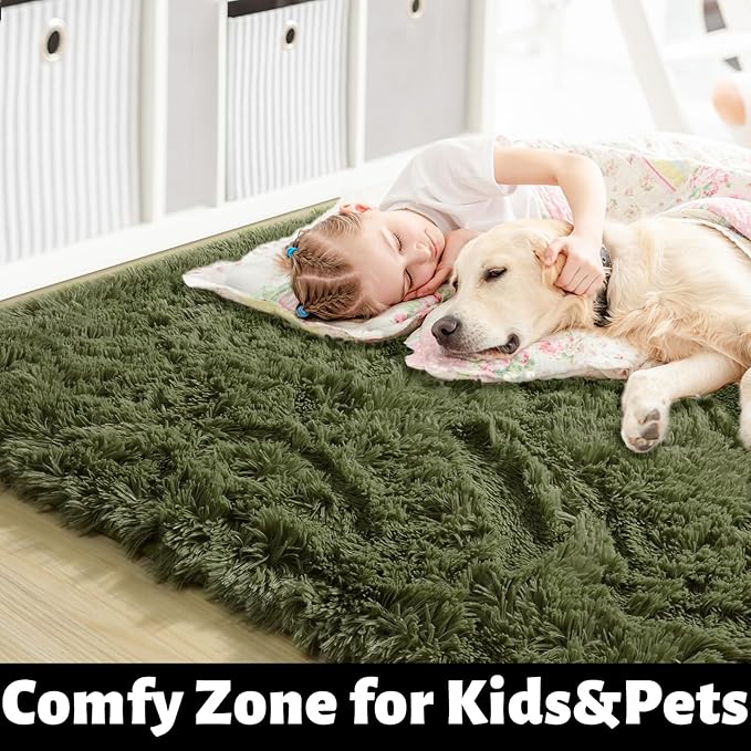 Amdrebio Olive Green Fluffy Area Rugs for Bedroom Living Room, 5x7 Shaggy Modern Cool Rugs for Girls Boys Kids Room Decor, Soft Plush Fuzzy Furry Carpet for Classroom Nursery Dorm Playroom Apartment