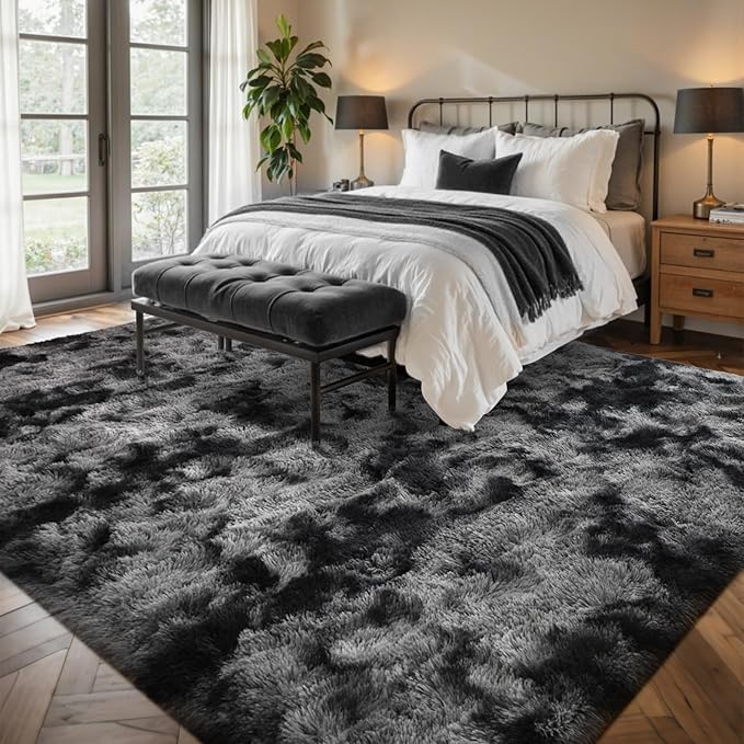 Area Rugs for Living Room 9x12 Black Grey Fluffy Rug,Super Fuzzy Fur Bedroom Carpet for Boys Dorm Office Nursery Modern Home Decor