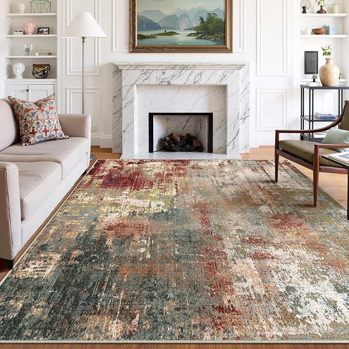 RELEANY Washable Area Rugs 7x10 Non-Slip Modern Abstract Soft for Living Room Entryway Bedroom Nursery, Print Pattern, Brown Rust Red Green Blue Multi