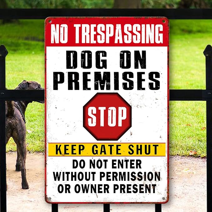 Beware Dog Signs - No Trespassing, Dogs On Premises, Funny Metal Tin Signs - 12 x 8 Inch