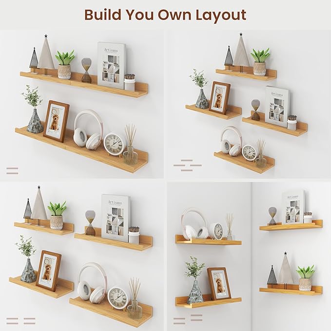Axeman Picture Ledge Shelf | 16 Inch Oak Floating Shelves Set of 4 | Rustic Wood Wall Shelves with Lip | 16" Picture Shelves for Wall with Ledge | Oak Photo Shelves