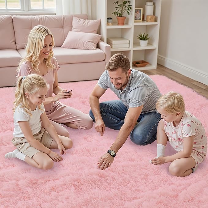 Fluffy Pink Area Rug for Bedroom Living Room Soft 8x10 Fuzzy Washable Rugs Non-Shedding Indoor Plush Rug for Nursery Kids Room Dorm Room Home Decor, High Pile Shaggy Floor Carpets(Dark Pink 8'x10')