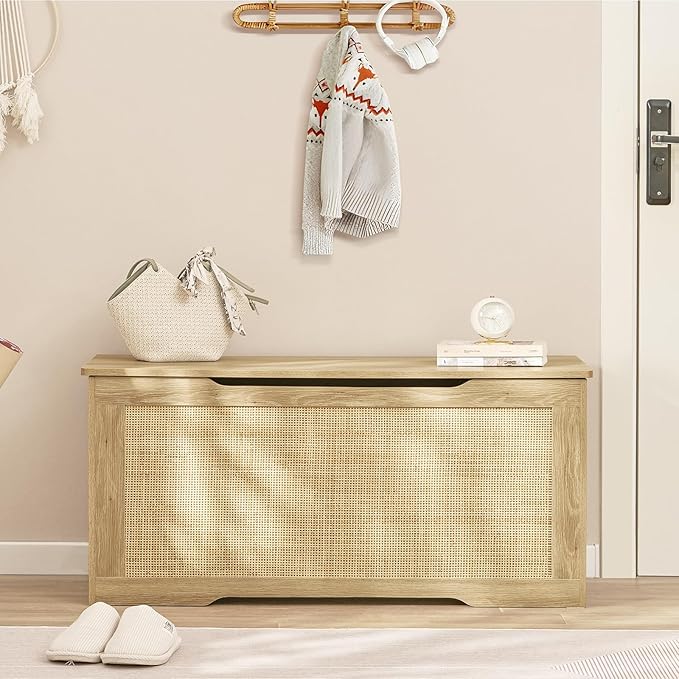 usikey 39.4” Storage Chest, Toy Box with 2 Safety Hinges, Toy Chest for Bedroom, Storage Bench with Storage, Shoe Bench, Supports 220 lb, for Living Room, Entryway, Natural