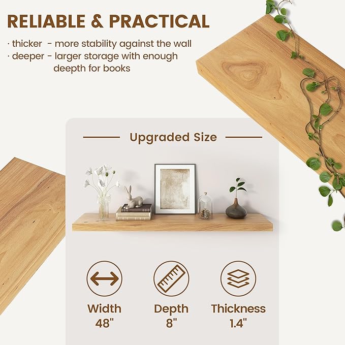 Venusmiles Elm Floating Shelves for Wall Decor, Rustic Solid Wood Shevles Wall Mounted with Invisible Bracket for Living Room Bathroom Bedroom Kitchen, 48 Inch Set of 1, Natural