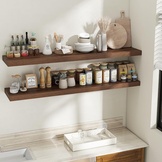 Fun Memories 12 Inch Deep Floating Shelves, 60 Inch Long Extra Large Floating Shelves for Home & Office, Wall Shelves with Invisible Bracket, Walnut, Set of 2
