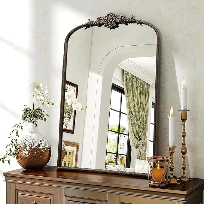 Besdomus Antique Large Arched Mirror: 24"x36" French Arch Black Vintage Vanity Wall Mounted Mirror - Traditional Ornate Home Decor for Entryway/Fireplace/Bathroom/Bedroom - Idea for Young Couples