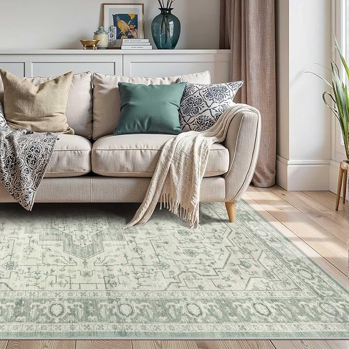 Rugxara Washable Area Rug for Living Room, Vintage Boho Rugs for Office, Dining Room, Kids Room, Farmhouse, Durable Low Pile Non Slip Carpet for High Traffic Areas, Sage Green(4x6 ft)