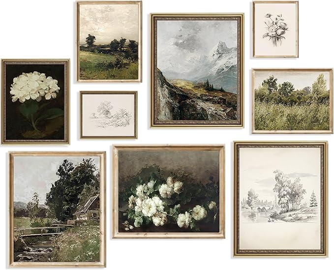 Vintage Wall Art French Country Wall Decor, Vintage Posters for Room Aesthetic Picture, Dark Green Antique European Landscape Flower Meadow Gallery Canvas Art Prints Painting for Bedroom Living Room,