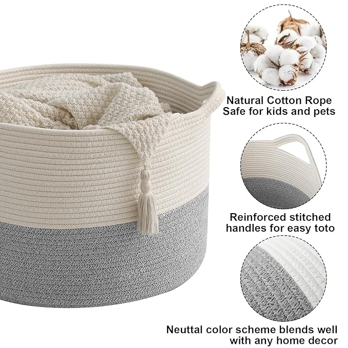 65L Large Blanket Basket,Woven Rope Laundry Basket Hamper with Handles,Decorative Nursery Basket Storage Bin for Toys, Pillows , Clothes Organizer, Living Room, Bedroom, Bathroom, White&Grey