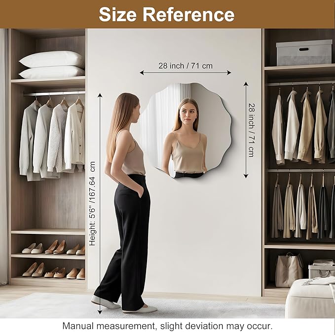 CILIBER Frameless Wavy Round Mirror, 28'' Scalloped Circle Wall Mirror, 3mm Tempered Glass Decorative Bathroom Vanity Mirror, Mounting/Leaning for Mantel, Living Room, Bedroom and Entryway