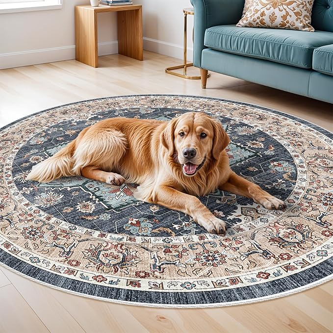 Washable Oriental Area Rug - 6ft Rugs for Living Room Soft Carpet for Bedroom Waterproof Floral Distressed Indoor Stain Resistant Non-Shedding Floor Carpets (Blue/Teal/Orange, 6ft-Round)