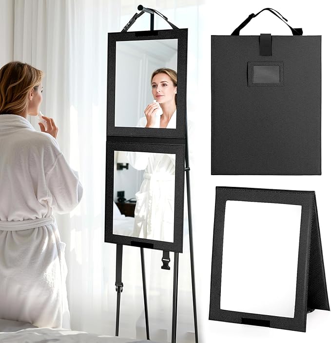 Shinowa Foldable Portable Full Length Mirror for Dancer, Camping and Travel, Shatter-Proof Acrylic Hanging Mirror with Handle, 33x13 Inch Full Body Travel Backstage Mirror, Black