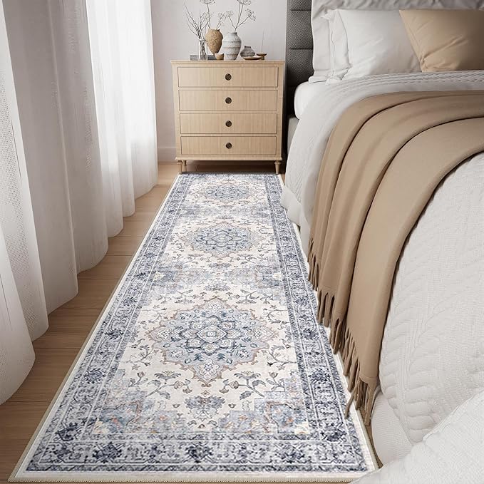 CAPALOCA Machine Washable Rugs Nursery Rug 2x6 Cute Girl Non Slip Low Pile Water Repellent Soft Print Pattern for Bedroom Indoor Decor Kids Playroom Blue White