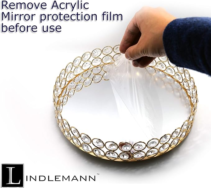 Crystal Decorative Tray Metal Mirrored Perfume Cosmetic Organizer Jewelry Trinket Display Storage Vanity Trays Home Décor Accents Luxury Gift (Round, 10in, Gold)