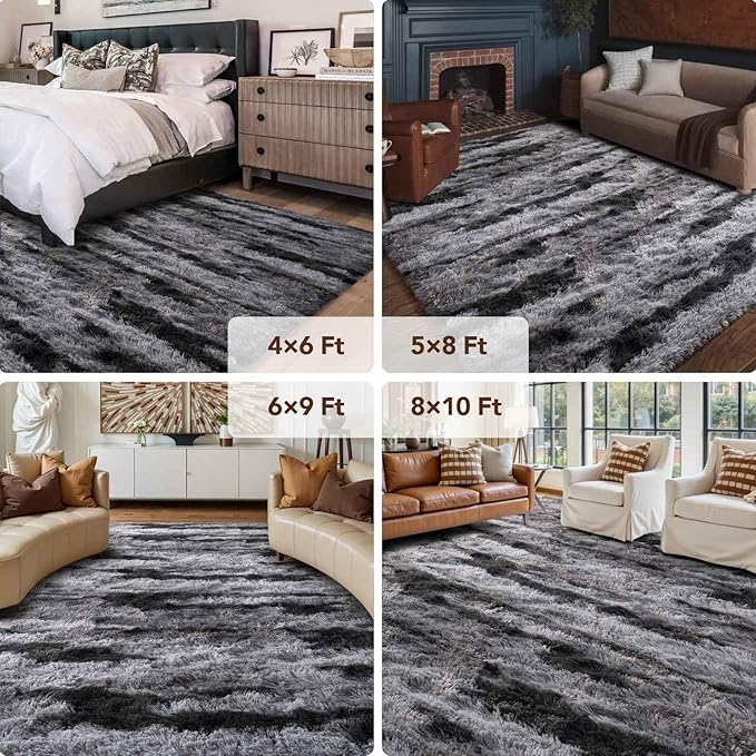 FinRèc Black Rugs for Bedroom Living Room, 4x6 Feet Fluffy Shaggy Area Rug, Non-Slip Soft Shag Rug for Nursery Kids Room Dorm Room Home Decor, Indoor Plush Floor Carpet