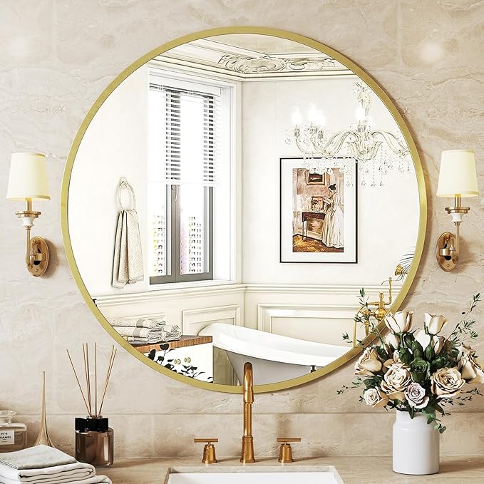 Sweetcrispy 28in Gold Round Bathroom Mirrors for Wall, Bathroom Mirrors for Over Sink, Wall Decor for Bathroom, Entryway, Bedroom, Vanity