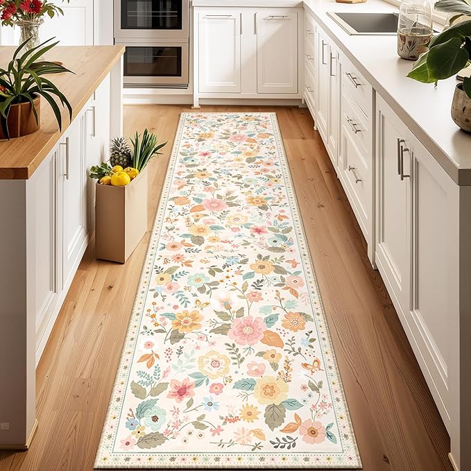 RELEANY Floral Nursery 2x6 Area Rugs Washable Print Boho Cute Carpet Non Slip Flower Low Pile for Living Room Kids Girls Playroom Bedroom Kitchen Office Farmhouse-Beige/White/Orange