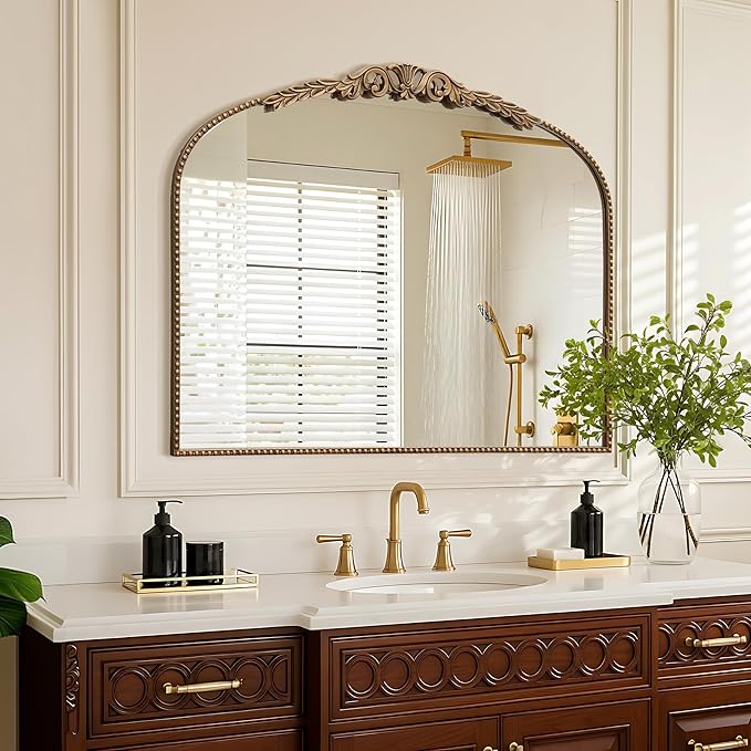 Besdomus Large Gold Vintage Mirror: 29"x 36" French Baroque Bathroom Mirror - Traditional Ornate Antique Arched Mirrors for Wall/Dresser/Mantel/Bedroom/Entryway/Hallway - Home Decor for Living Room