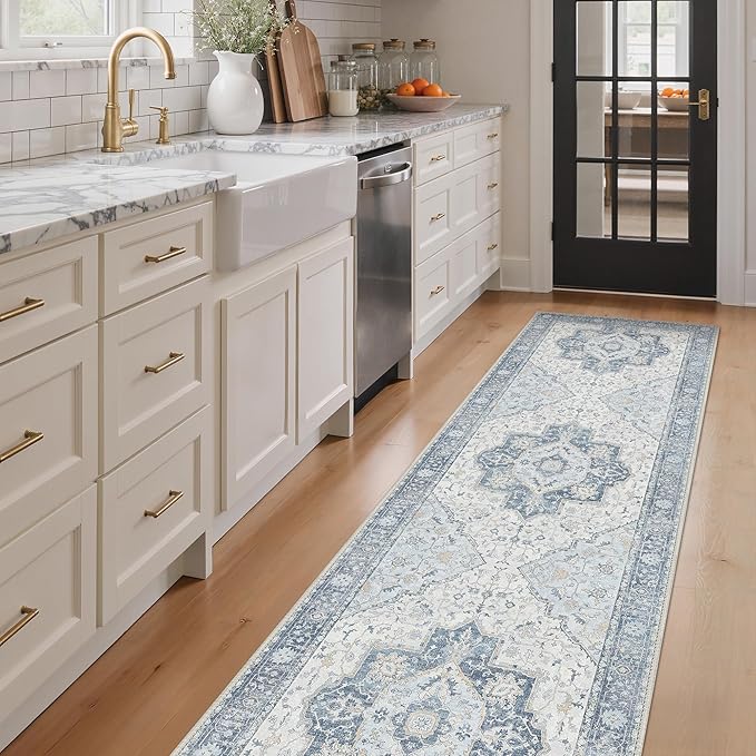 GENIMO Runner Rug 2'6"x10' Machine Washable Non Slip Vintage Hallway Runner Rug, Low Pile Lightweight Rugs for Indoor Entryway, Hallway, Kitchen and Corridor, Light Blue Beige