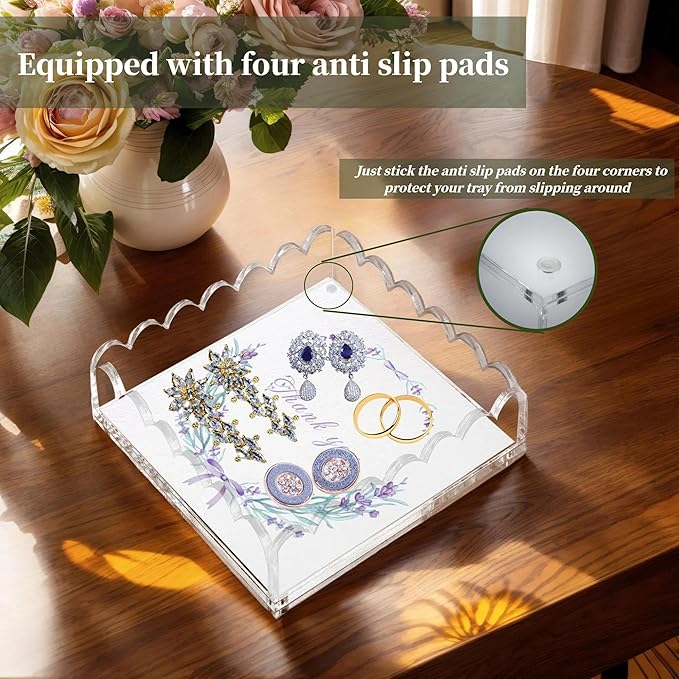 Scalloped Acrylic Tray with Magnetic Mat - 8x8in Customizable Display for Photos, Art & Notes | Non-Slip Base | Elegant Décor & Organizer for Jewelry/Cosmetics for Women/Mom/Weddings