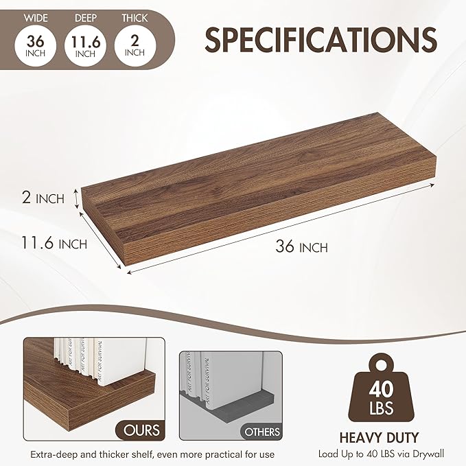 Acovy 36 Inch Floating Shelves, 12" Deep Floating Shelf Wall Mounted, 36" Wall Shelves, Rustic Deep Bookshelf, Extra Deeper & Thicker Display Shelves for Bedroom, Living Room, Walnut, Set of 2