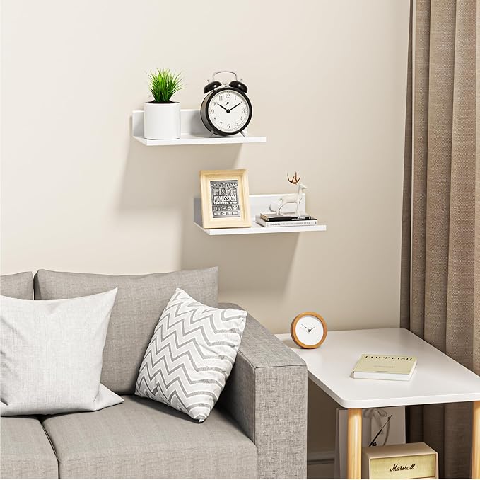 Wisfame Small Floating Shelves for Wall, Metal Adhesive Wall Shelf 2 Pack, Modern Display Shelf for Living Room, Bedroom, Bathroom Decor (White, 8 Inch)