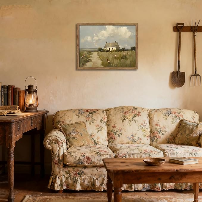 Vintage Wall Art, Framed English Countryside Cottage Painting Print, Country Farmhouse Canvas Wall Art, Rustic Landscape Pictures Artwork Wall Decor for Bedroom Living Room – 12x16 inch